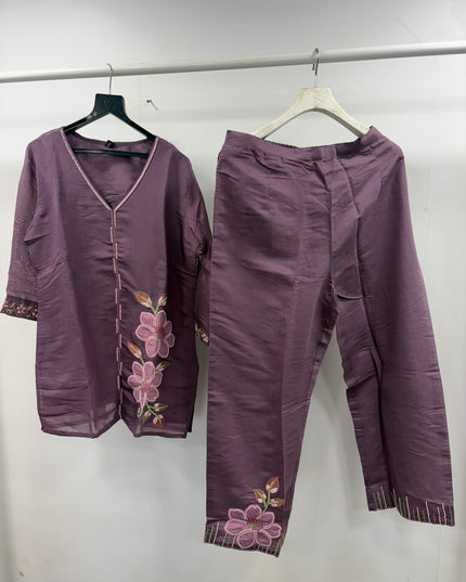 He And She Women’s Purple Embroidered Cord Set | Stylish Casual & Ethnic Co-Ord Set for Women