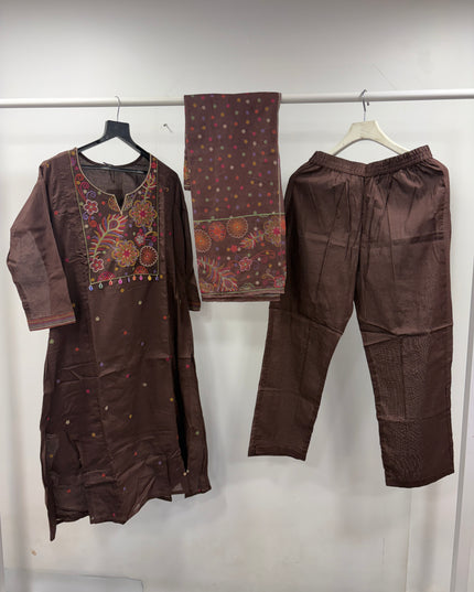 He And She Women Brown Embroidered Kurti Pant Dupatta Set | Ethnic Wear for Women
