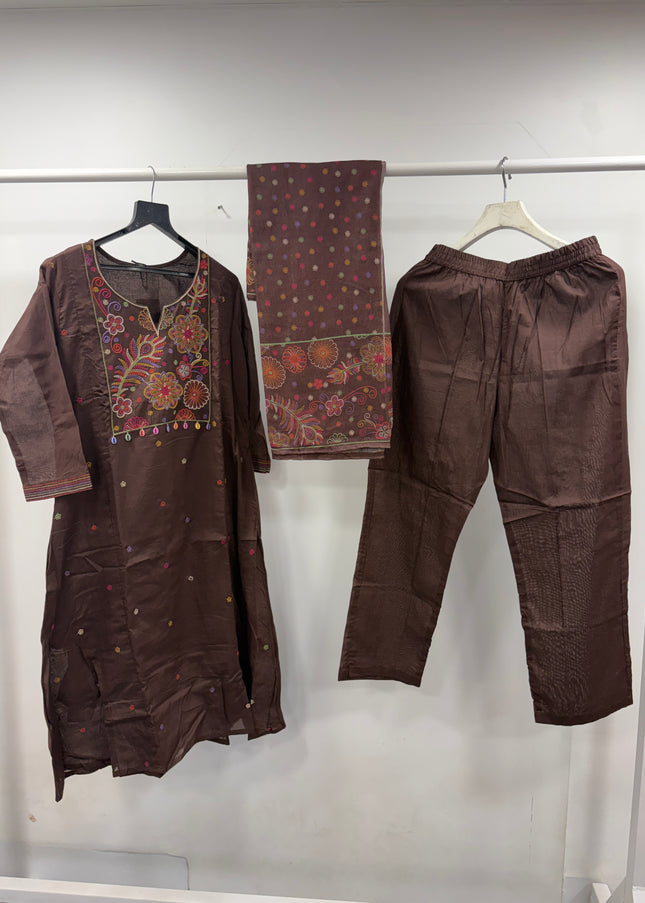 He And She Women Brown Embroidered Kurti Pant Dupatta Set | Ethnic Wear for Women