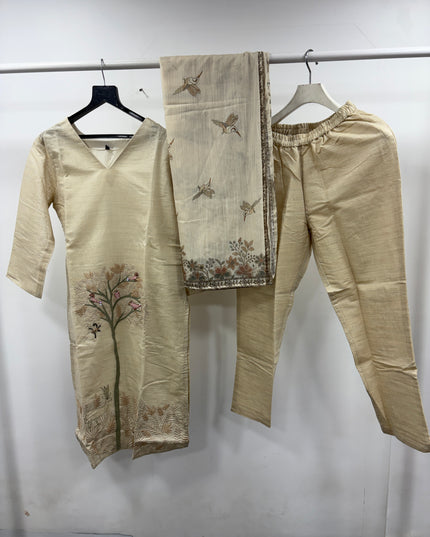 He And She Women’s Beige Embroidered Kurti Pant Dupatta Set