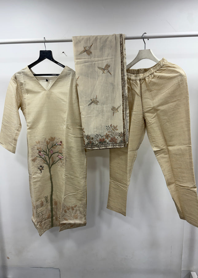 He And She Women’s Beige Embroidered Kurti Pant Dupatta Set