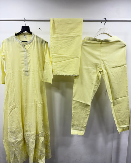 He And She Women's Lemon Yellow Embroidered Anarkali Kurta Set with Dupatta & Pants