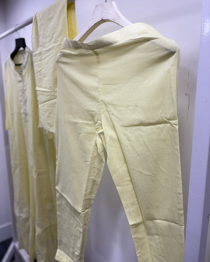 He And She Women's Lemon Yellow Embroidered Anarkali Kurta Set with Dupatta & Pants