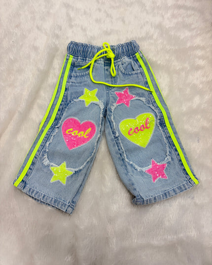He & She Girls Wide Leg Denim Jeans with Heart & Star Patch Design | Kids Fashion Jeans