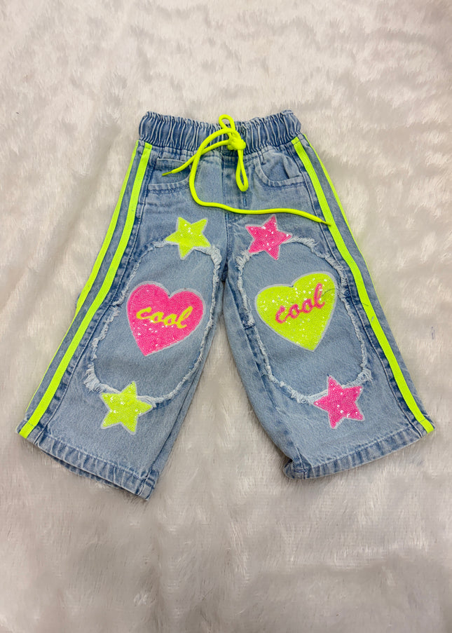 He & She Girls Wide Leg Denim Jeans with Heart & Star Patch Design | Kids Fashion Jeans