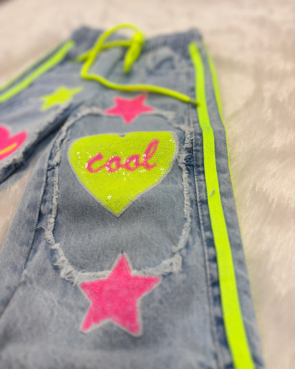 He & She Girls Wide Leg Denim Jeans with Heart & Star Patch Design | Kids Fashion Jeans