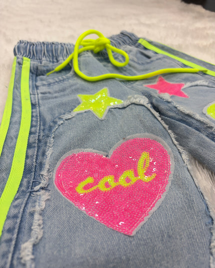 He & She Girls Wide Leg Denim Jeans with Heart & Star Patch Design | Kids Fashion Jeans