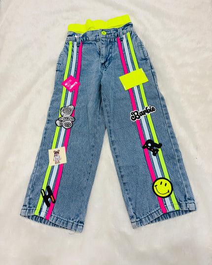 He & She Girls Wide Leg Denim Jeans with Neon Side Stripes & Patch Work