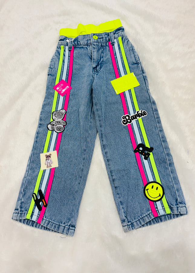 He & She Girls Wide Leg Denim Jeans with Neon Side Stripes & Patch Work