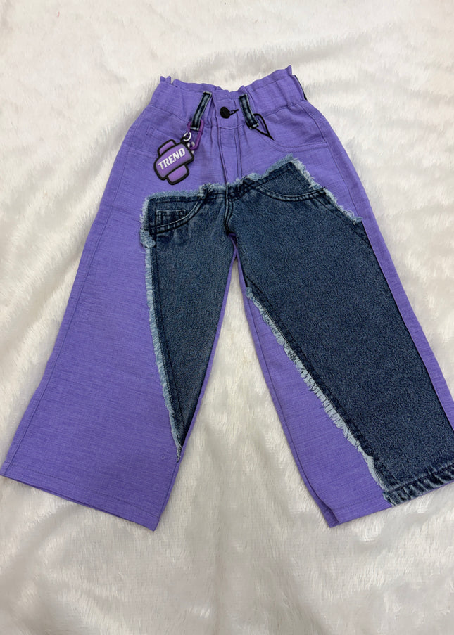 He & She Girls Trendy Purple Wide Leg Denim Patch Jeans