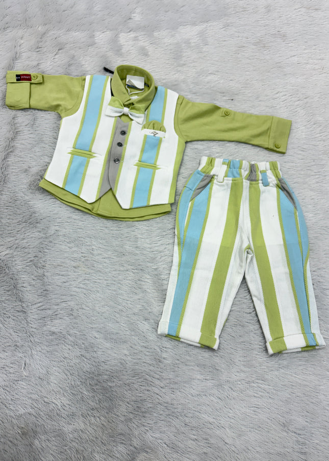 BOYS SET CODE-B68 He And She Boys Premium 3-Piece Western Wear Set with Shirt, Waistcoat, Bow Tie & Striped Pants