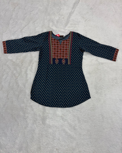LADIES TWINIC CODE-A53 He and She Girls Navy Blue Ethnic Printed Tunic | Stylish Casual & Festive Wear for Girls