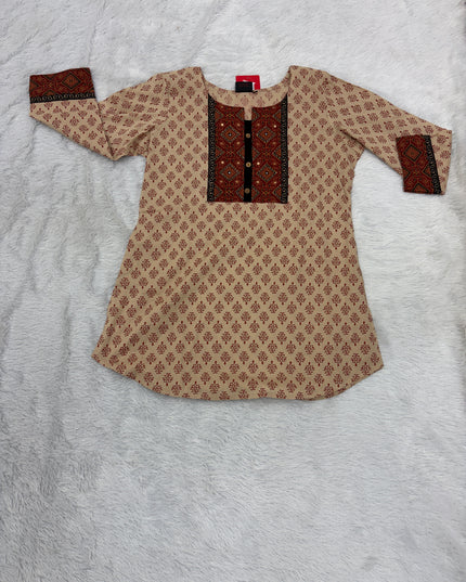 LADIES TWINIC CODE-A52 He And She Women's Beige Printed Cotton Kurti with Ethnic Yoke Design