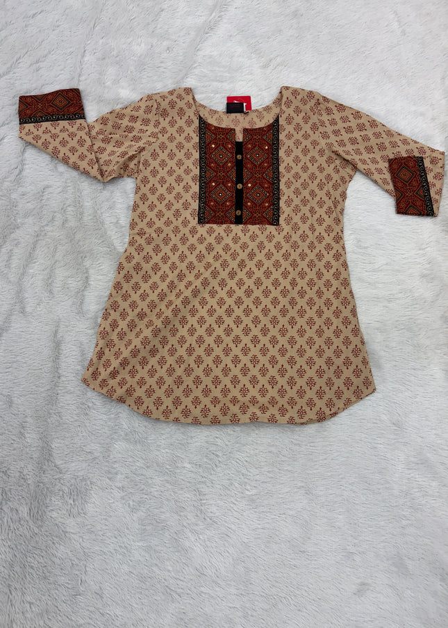 LADIES TWINIC CODE-A52 He And She Women's Beige Printed Cotton Kurti with Ethnic Yoke Design