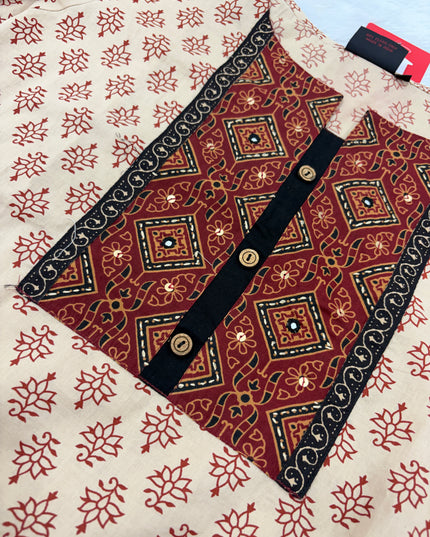 LADIES TWINIC CODE-A52 He And She Women's Beige Printed Cotton Kurti with Ethnic Yoke Design