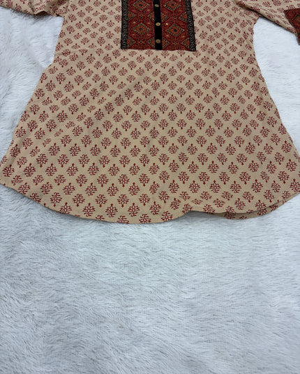 LADIES TWINIC CODE-A52 He And She Women's Beige Printed Cotton Kurti with Ethnic Yoke Design