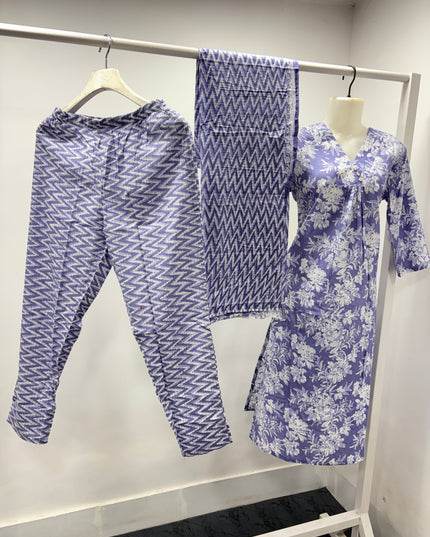 LADIES  DRESS CODE-A60 He And She Women's Lavender Floral Printed Kurti Set with Printed Pants & Dupatta