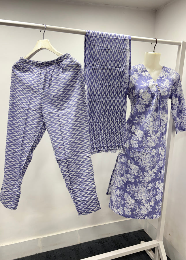 LADIES  DRESS CODE-A60 He And She Women's Lavender Floral Printed Kurti Set with Printed Pants & Dupatta