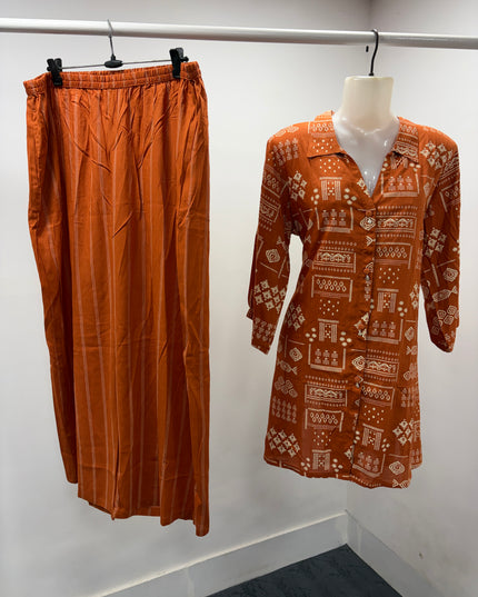 LADIES KURTI CODE-A54 He and She Women's Printed Co-Ord Set | Shirt Style Top & Wide Leg Palazzo | Coffee & Orange