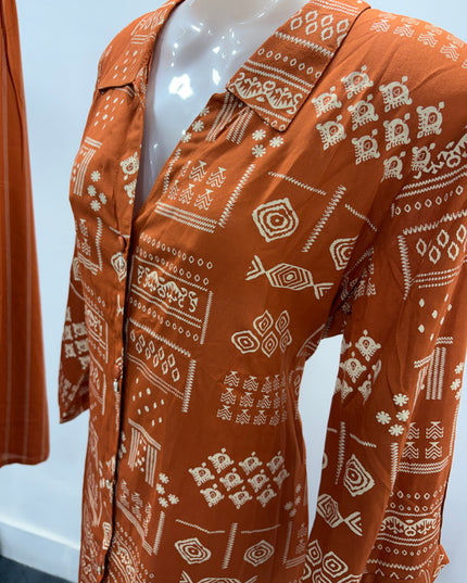 LADIES KURTI CODE-A54 He and She Women's Printed Co-Ord Set | Shirt Style Top & Wide Leg Palazzo | Coffee & Orange