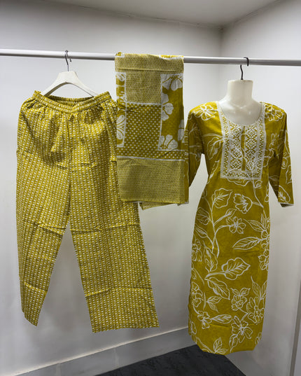 LADIES DRESS CODE-A61  He & She Women's Mustard Yellow Floral Printed Cotton Kurti Set with Pant & Dupatta