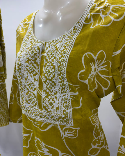 LADIES DRESS CODE-A61  He & She Women's Mustard Yellow Floral Printed Cotton Kurti Set with Pant & Dupatta