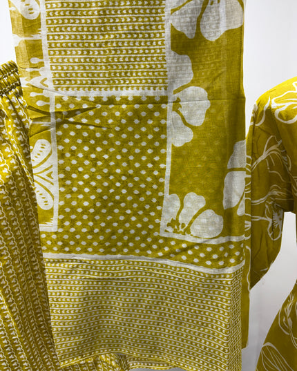LADIES DRESS CODE-A61  He & She Women's Mustard Yellow Floral Printed Cotton Kurti Set with Pant & Dupatta