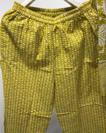 LADIES DRESS CODE-A61  He & She Women's Mustard Yellow Floral Printed Cotton Kurti Set with Pant & Dupatta