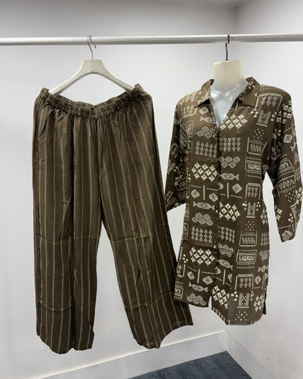 LADIES KURTI CODE-A54 He and She Women's Printed Co-Ord Set | Shirt Style Top & Wide Leg Palazzo | Coffee & Orange