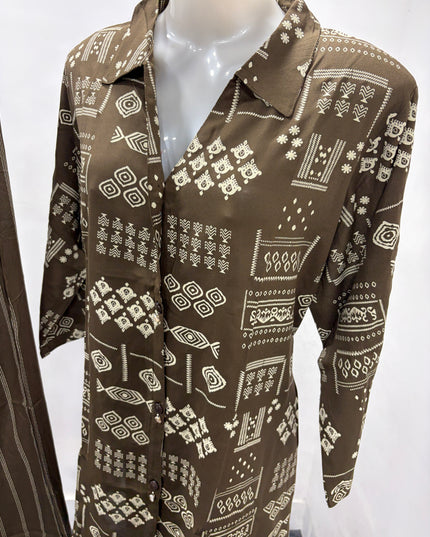 LADIES KURTI CODE-A54 He and She Women's Printed Co-Ord Set | Shirt Style Top & Wide Leg Palazzo | Coffee & Orange