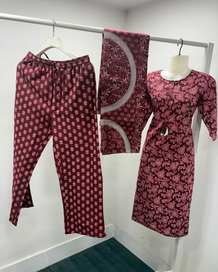 LADIES DRESS CODE-A63 He & She Women's Maroon Floral Printed Kurti Pant Dupatta Set | Elegant Ethnic Wear for Women