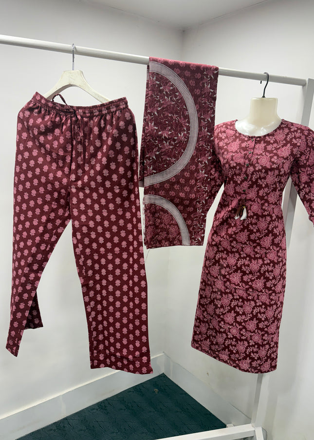 LADIES DRESS CODE-A63 He & She Women's Maroon Floral Printed Kurti Pant Dupatta Set | Elegant Ethnic Wear for Women
