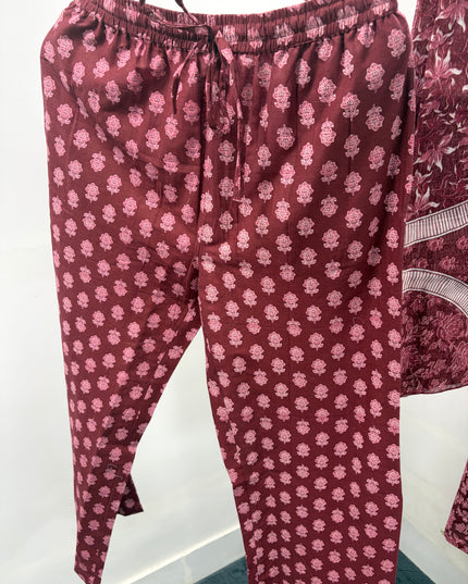LADIES DRESS CODE-A63 He & She Women's Maroon Floral Printed Kurti Pant Dupatta Set | Elegant Ethnic Wear for Women