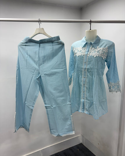 LADIES COTS CODE- A51 He & She Women's Embroidered Co-Ord Set | Premium Shirt & Palazzo Set | Beige & Sky Blue