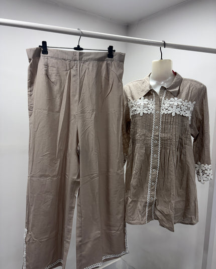 LADIES COTS CODE- A51 He & She Women's Embroidered Co-Ord Set | Premium Shirt & Palazzo Set | Beige & Sky Blue
