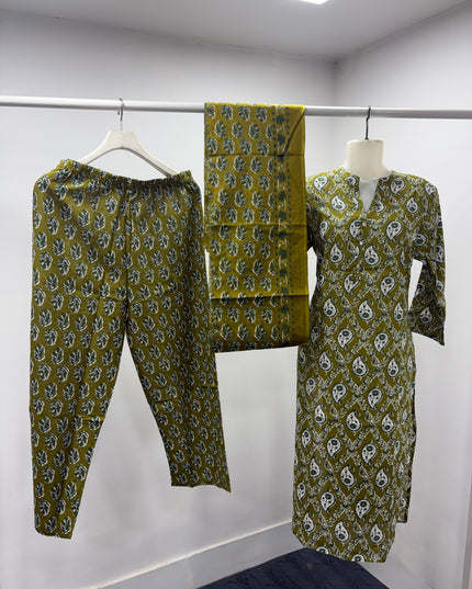 LADIES DRESS CODE-A62 He & She Women's Olive Green Printed Kurti Pant Dupatta Set | Elegant Ethnic Wear for Women