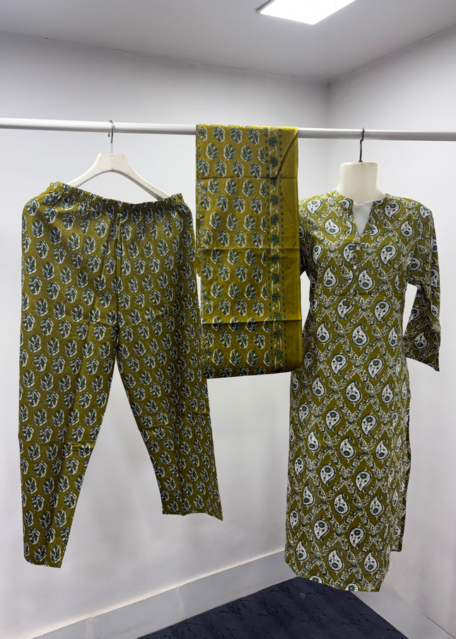 LADIES DRESS CODE-A62 He & She Women's Olive Green Printed Kurti Pant Dupatta Set | Elegant Ethnic Wear for Women