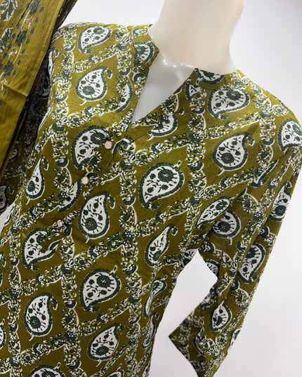 LADIES DRESS CODE-A62 He & She Women's Olive Green Printed Kurti Pant Dupatta Set | Elegant Ethnic Wear for Women