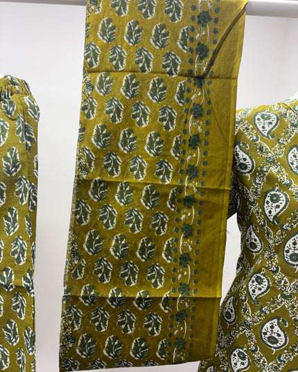 LADIES DRESS CODE-A62 He & She Women's Olive Green Printed Kurti Pant Dupatta Set | Elegant Ethnic Wear for Women