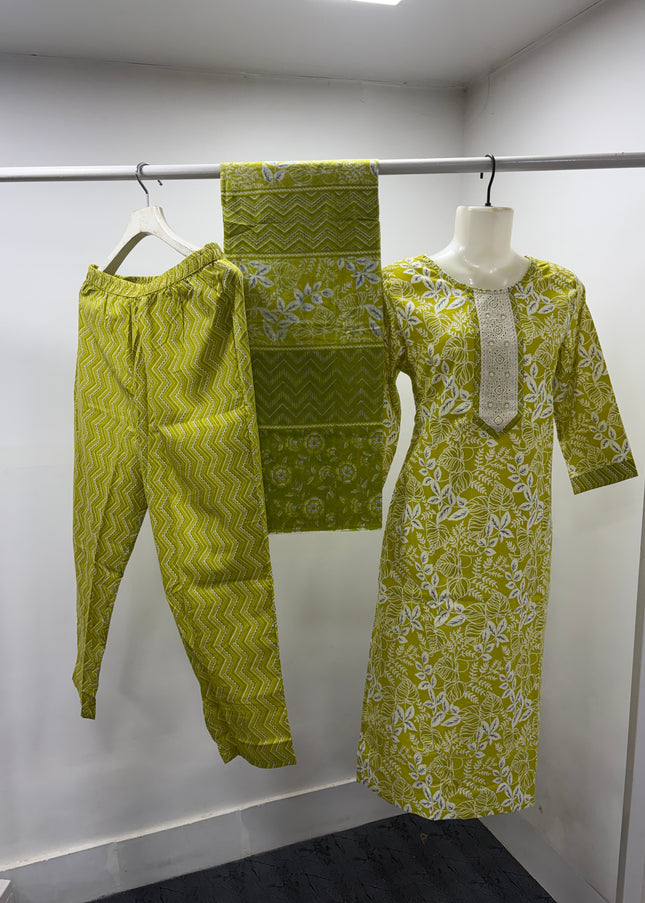 He And She Women's Olive Green Printed Cotton Kurti Set with Dupatta | Ethnic Wear for Women