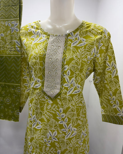 He And She Women's Olive Green Printed Cotton Kurti Set with Dupatta | Ethnic Wear for Women