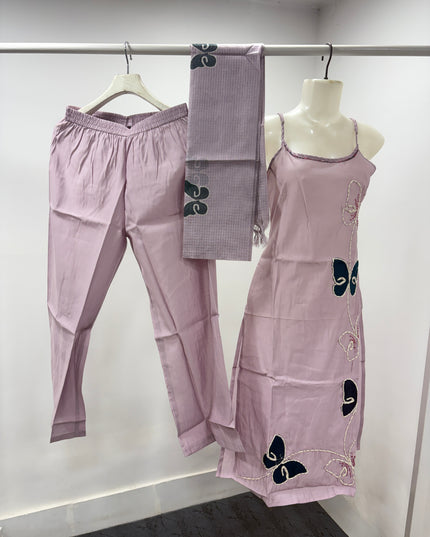 LADIES DRESS CODE-A49 He And She Women's Lavender Embroidered Kurti Pant Set with Dupatta