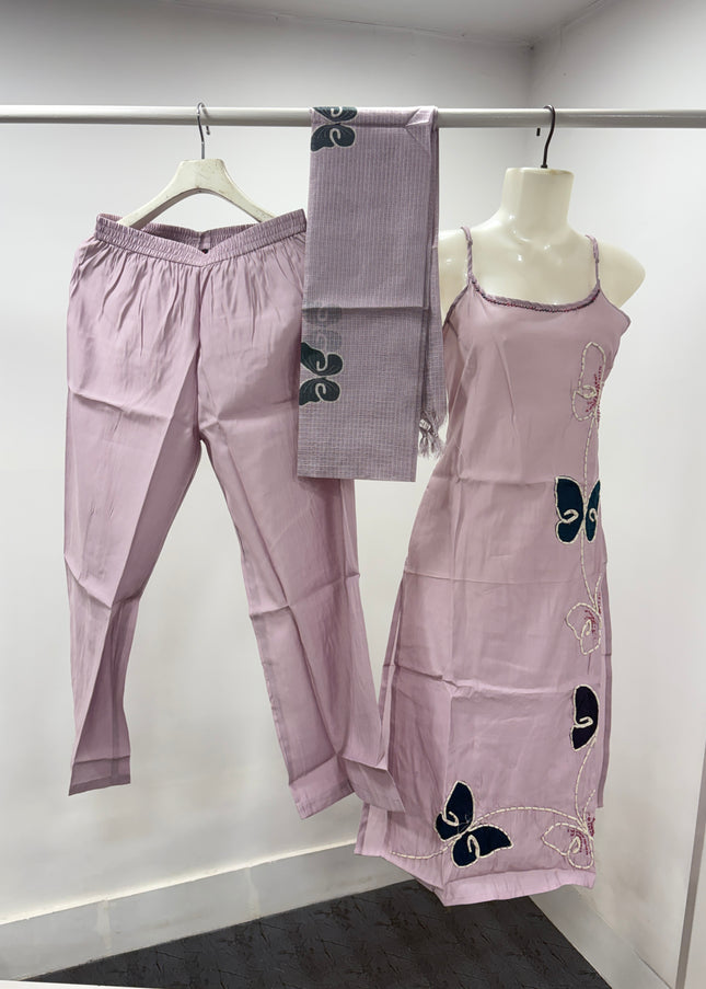 LADIES DRESS CODE-A49 He And She Women's Lavender Embroidered Kurti Pant Set with Dupatta
