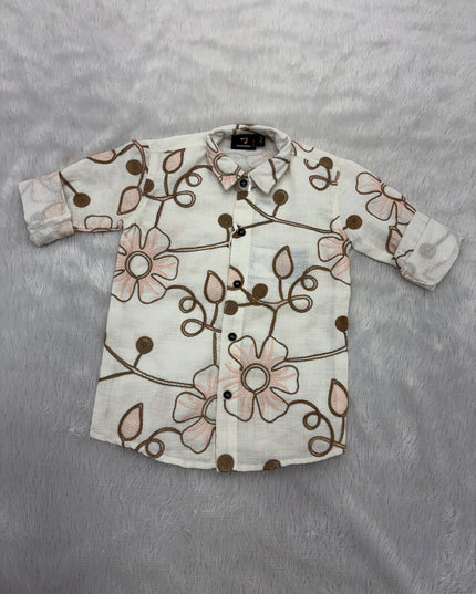 BOYS SHIRTS CODE-B96 He and She Boys Floral Printed Full Sleeve Casual Shirt – Cream White Cotton Blend Shirt for Kids