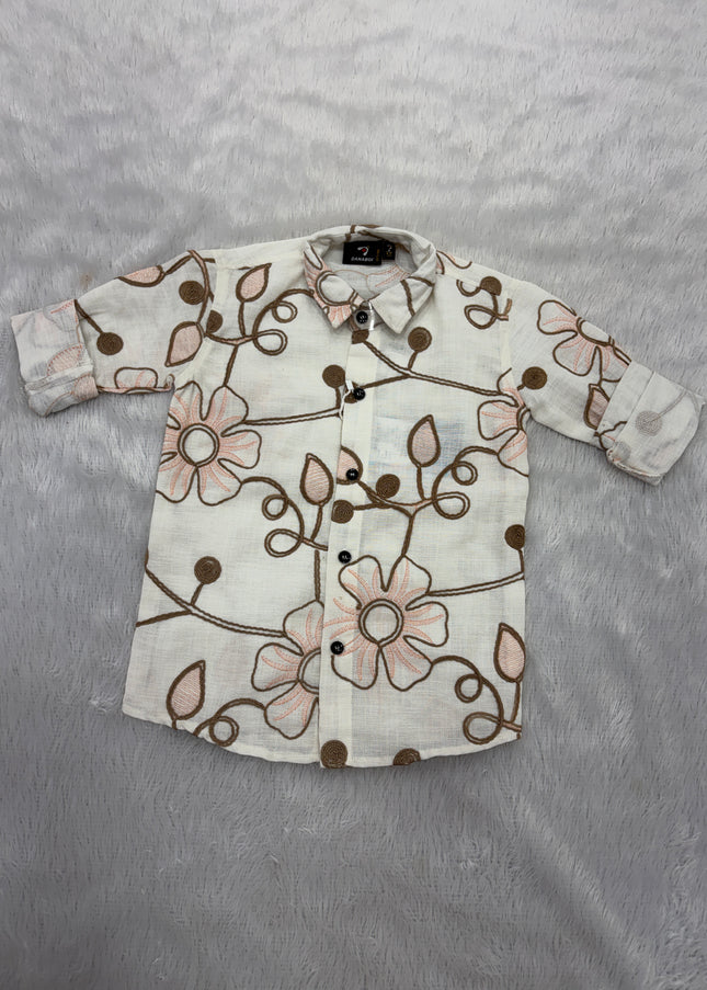 BOYS SHIRTS CODE-B96 He and She Boys Floral Printed Full Sleeve Casual Shirt – Cream White Cotton Blend Shirt for Kids