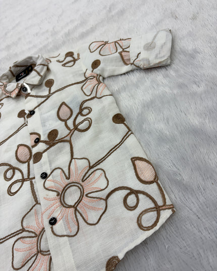 BOYS SHIRTS CODE-B96 He and She Boys Floral Printed Full Sleeve Casual Shirt – Cream White Cotton Blend Shirt for Kids