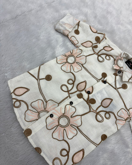 BOYS SHIRTS CODE-B96 He and She Boys Floral Printed Full Sleeve Casual Shirt – Cream White Cotton Blend Shirt for Kids