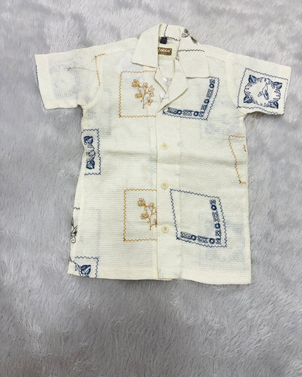 BOYS SHIRTS CODE-B95  He And She Boys Cream Printed Cotton Casual Shirt | Half Sleeve Summer Shirt for Kids