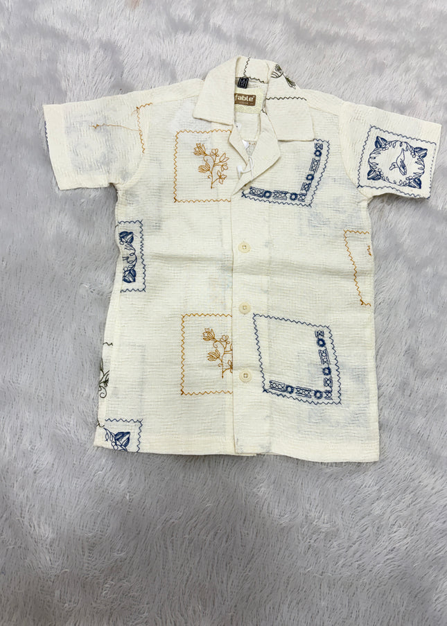 BOYS SHIRTS CODE-B95  He And She Boys Cream Printed Cotton Casual Shirt | Half Sleeve Summer Shirt for Kids