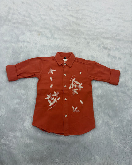 BOYS SHIRTS CODE-B89 He and She Boys Rust Orange Printed Cotton Casual Shirt for Kids
